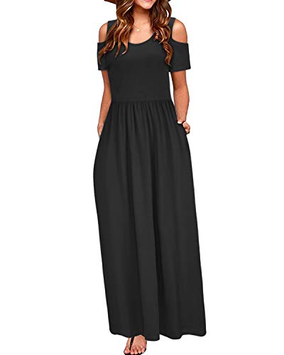 STYLEWORD Womens 2024 Fashion Summer Black Cold Shoulder Short Sleeve Casual Maxi Long Dress with Pocket(Black,XL)