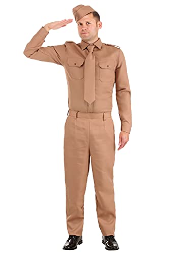 WW2 Adult Army Costume, Khaki Soldier Military Uniform for Halloween Large