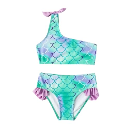 Ninobebe Girls 2 Piece Swimsuits One Shoulder Bikini Top + Briefs Bottom Bikini Set Beach Bathing Suit Kids Summer Swimwear Green