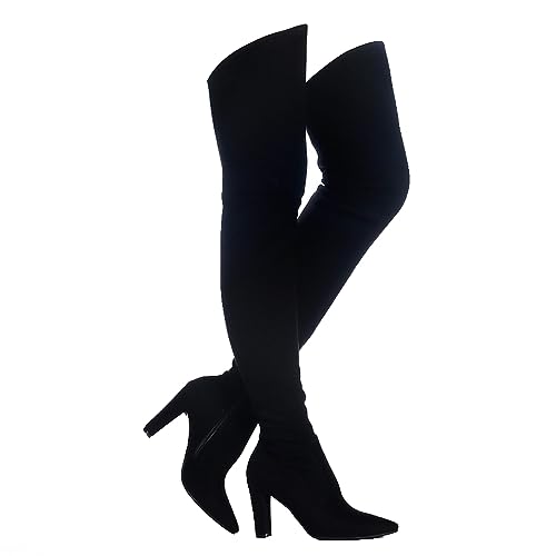 Shoe'N Tale Women Stretch Suede Chunky Heel Thigh High Over The Knee Boots(6.5,Black)