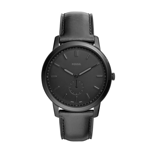 Fossil Men's Minimalist Quartz Stainless Steel and Leather Two-Hand Watch, Color: Black (Model: FS5447)