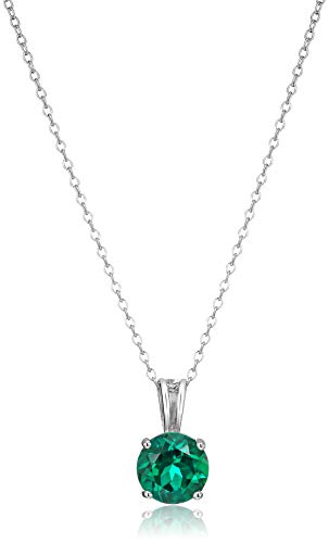 Amazon Essentials Sterling Silver Round Cut Created Emerald Birthstone Pendant Necklace (May), 18' (previously Amazon Collection)