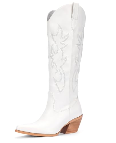 Pasuot White Cowboy Boots for Women - Wide Calf Cowgirl Knee High Western with Side Zip and Embroidered, Pointed Toe Chunky Heel Retro Classic Tall Boot Pull On for Ladies Fall Winter Size 8