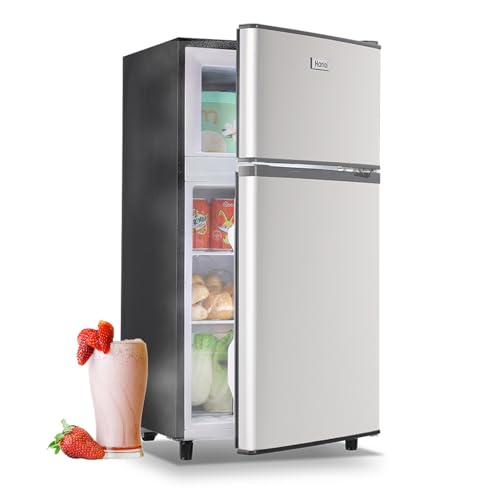 WANAI Fridge with Freezer, 3.5 Cu.Ft Double Door Full- sized Refrigerator, Freestanding Fridge with 7 Adjustable Thermostat & Removable Shelves Silver