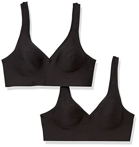 Hanes Women's Smooth Comfort Wireless, Seamless Full-Coverage T-Shirt Bra, Moisture Wicking, Single, Black/Black, 2-Pack, Large