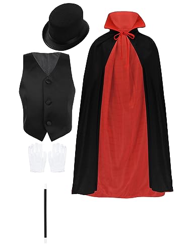 Fldy Kids Boys Girls Magician Costumes Magic Accessories Kit Cape Top with Hat Magic Wand Magic Gloves Cosplay Costumes Black Set A 11-12 Years