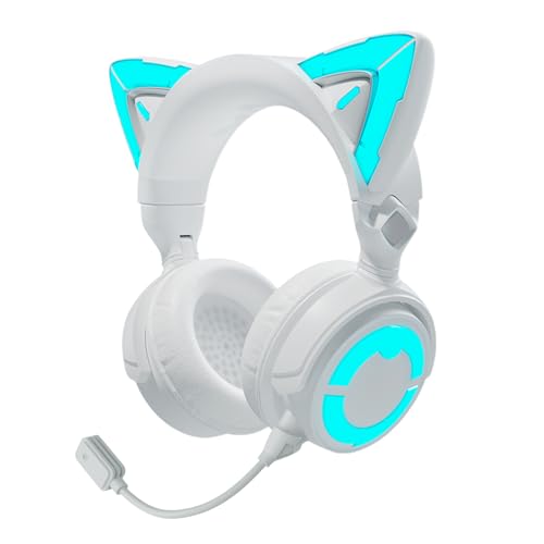 YOWU RGB Cat Ear Headphone 4, Upgraded Wireless & Wired Gaming Headset with Attachable HD Microphone -Active Noise Reduction, Dual-Channel Stereo (4GS, White)