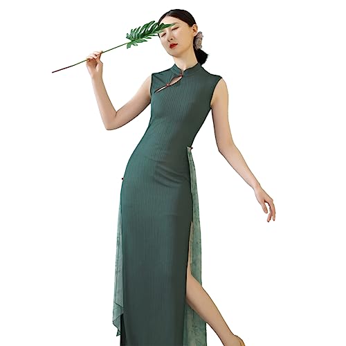 ROYAL SMEELA Chinese Qipao Dress for Women Cheongsam Dress Mandarin Collar Green Maxi Chinese Dresses Traditional Clothes