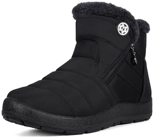 Eagsouni Snow Boots Womens Winter Ankle Boots Ladies Warm Fur Lined Booties Thickening Shoes Zip Flat Sneakers Outdoor Booties High Top Black, US 7, 38 EU