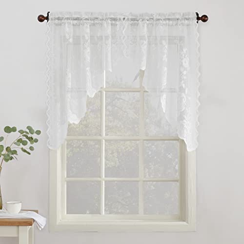 No. 918 Alison Floral Lace Sheer Rod Pocket Kitchen Curtain Swag Pair, 58' x 38', White