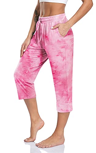 TARSE Womens Capri Pants Cute Stretch Yoga Capris Athletic Sweatpants Comfy Elastic Waist Work Crop Pants Pockets (Tie Dye Pink,XL)