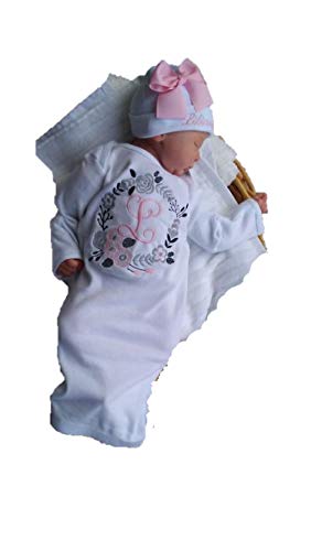 Theposhlayette Newborn Baby Girl Coming Home Outfit Personalized Layette Gown with Beanie Baby Girl Shower Gifts (White/Pink) (0 to 3 Months)