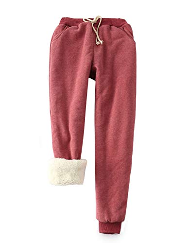 Yeokou Womens Sherpa Lined Sweatpants Winter Warm Fleece Pants(Wine red-M)