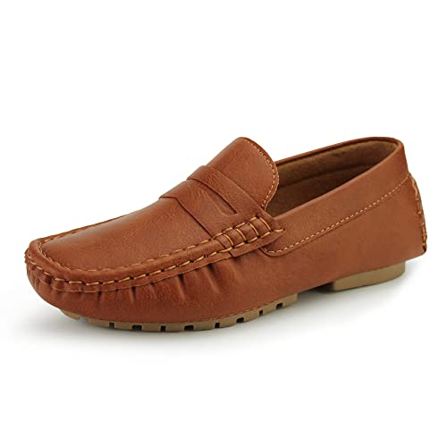 Hawkwell Kids Casual Penny Loafer Moccasin Dress Driver Shoes, Brown PU, 13 M US Little Kid