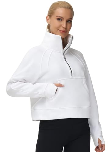 THE GYM PEOPLE Women's Half Zip Pullover Sweatshirt Fleece Stand Collar Crop Sweatshirt with Pockets Thumb Hole White