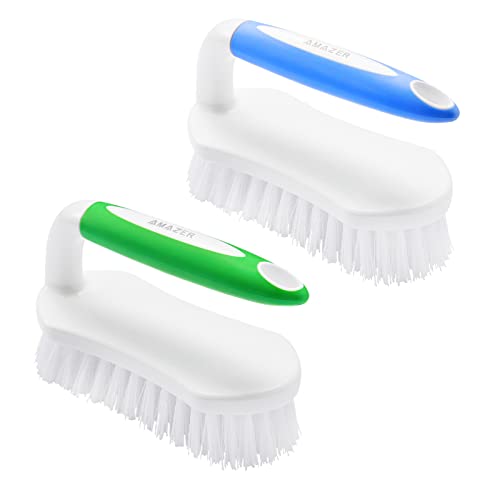 Amazer Scrub Brush for Cleaning Comfort Grip Shower Scrubber Flexible Stiff Bristles with Handle Heavy Duty Cleaner Brush for Tub Sink Carpet Floor - Pack of 2 (Blue+Green)