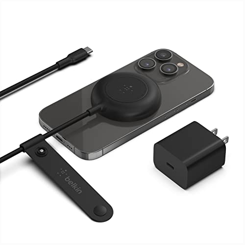 Belkin 7.5W Magnetic Portable Wireless Charger Pad - 6.6ft/2M Long Cable - MagSafe Compatible Charger - iPhone Charger Compatible w/ iPhone 15, iPhone 14, iPhone 13 - Power Supply Included - Black