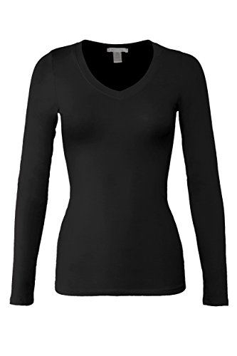 Bozzolo Women's Basic V-Neck Warm Soft Stretchy Long Sleeves T Shirt Black S