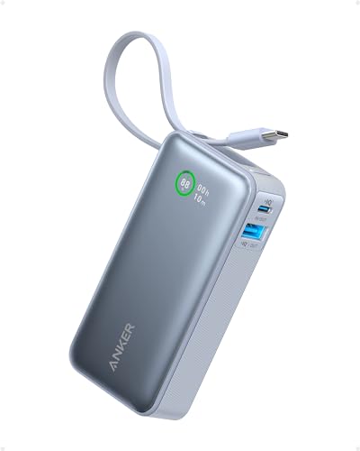 Anker Nano Power Bank, 10,000mAh Compact Portable Charger Battery Pack with Built-in USB C Cable, 30W Max Output with 1 USB-C, 1 USB-A, Compatible for iPhone 15 Series, MacBook, Galaxy, for Travel