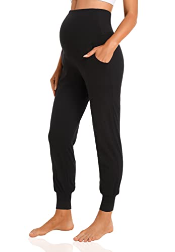 V VOCNI Women's Maternity Pants Maternity Activewear Jogger Track Cuff Sweatpants Over The Belly Stretchy Pregnancy Pants Black
