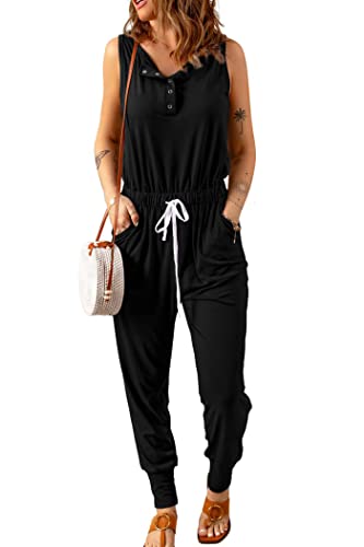 PRETTYGARDEN Women's Casual Sleeveless Solid Jumpsuit Crewneck Drawstring Waist Stretchy Long Pants Romper (Button Down-Black,Small)