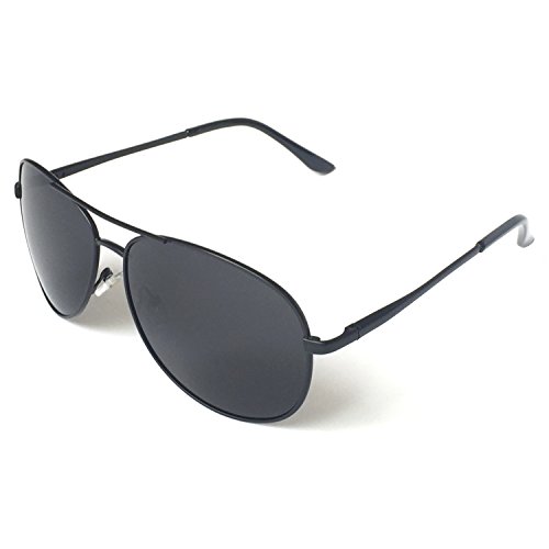 J+S Premium Military Style Classic Aviator Sunglasses, Polarized, 100% UV protection for Men Women (Large Frame - Black Frame/Black Lens)