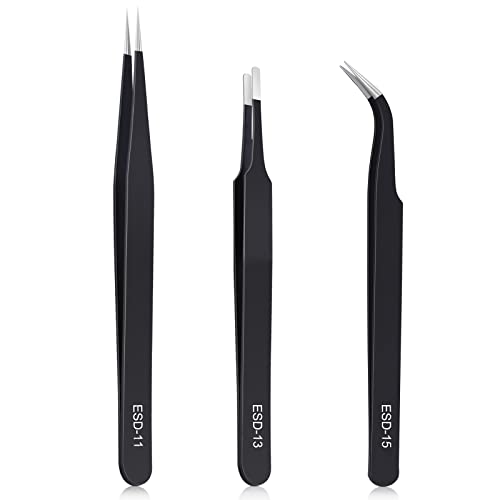 kaverme 3PCS Precision Tweezers Set, Upgraded Anti-Static Stainless Steel of Tweezers, for Electronics, Soldering, Laboratory Work, Jewelry-Making, Model, Craft