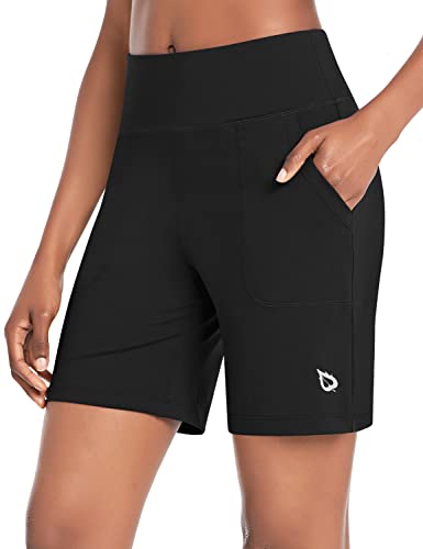 BALEAF Women's 7' Athletic Long Shorts High Waisted Running Bermuda Shorts with Pockets Black Medium