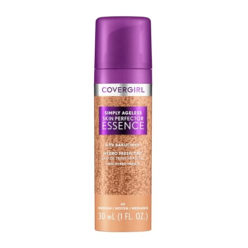 Covergirl Simply Ageless Skin Perfector Essence Foundation, 40 Medium, Tinted Skin Perfector, Skincare Makeup Hybrid, Sheer Tint, Radiant Finish, Skin-Like Finish, Vegan Formula, 1.0oz