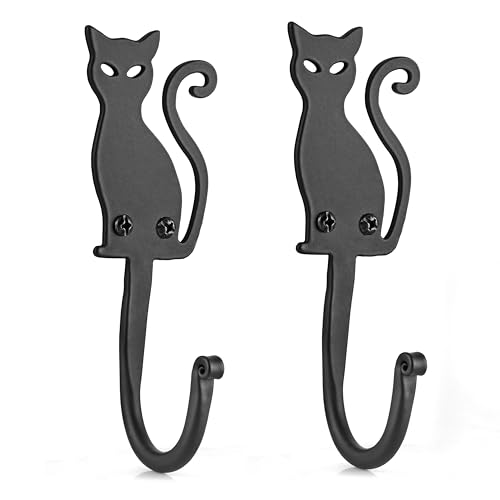 Cat Hook, Black Wrought Iron Hooks for Wall, Decorative 5' Gift for Cat Lovers, Cat Coat Hooks for Hanging Towels, Coats, Hats, Blacksmith Handmade Unique Set of 2