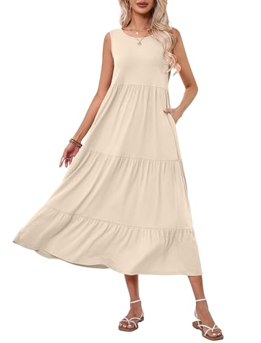 Halife Women's Casual Sleeveless Dresses Pleated Loose Swing Tunic Dress with Pockets Midi Length Beige S