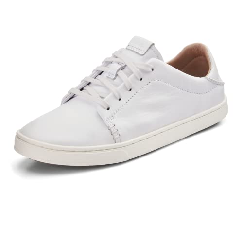 OLUKAI Pehuea Li 'ili Women's Leather Sneaker, Casual Everyday Shoes with Drop-In Heel, Non-Marking Rubber Outsole, All-Day Comfort Fit, White/White, 7.5