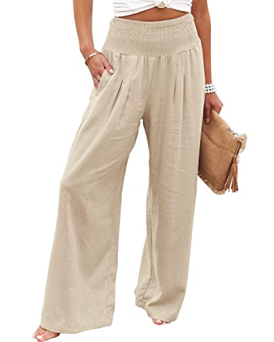 Vansha Women Summer High Waisted Cotton Linen Palazzo Pants Wide Leg Long Lounge Pant Trousers with Pocket Beige S