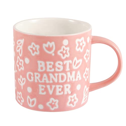 Tergi- Mothers Day Birthday Gifts for Grandma from Granddaughter Grandson - best grandma Ever Floral Embossed Pattern Ceramic Coffee Mug 13.5OZ