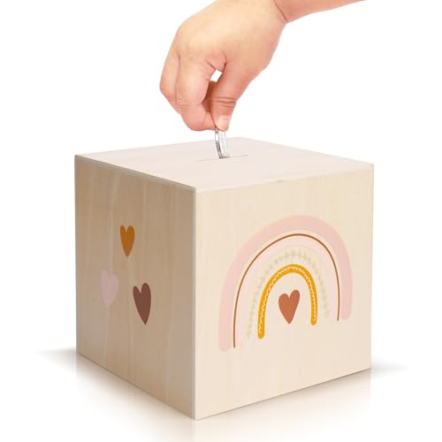 Wooden Piggy Bank for Kids - Beautifully Crafted Coin Bank Encourages to Start Saving Money Early - A Great Gift for Girls and Boys That Brightens Up Every Kids Bedroom