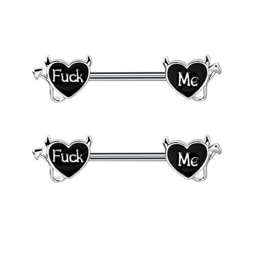 Niaspi 14G Black Heart Letter Nipple Rings Stainless Steel For Women Girls Cum Here Bite Me Devil Nipple Piercing Bar Barbell Body Piercing Jewelry (Style F)