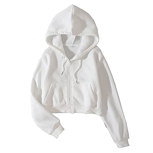 LOFAAC Women Fleece Full Zip Up Cropped Hoodie Sweatshirt 90s Long Sleeve Drawstring Hooded Crop Jacket Top(S,US,Women,White)