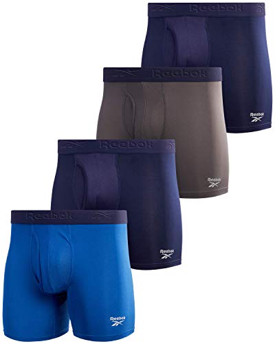 Reebok Men's Underwear - Performance Boxer Briefs with Fly Pouch (4 Pack), Size Large, Navy/Grey/Blue