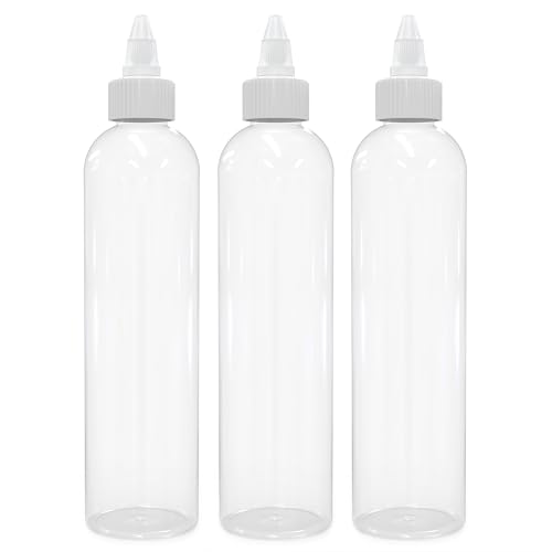 BRIGHTFROM Twist Top Applicator Bottles, 8 OZ Crystal Clear, Squeeze Empty Plastic Bottles, BPA-Free, PET, Refillable, Open/Close Nozzle - Multi Purpose (Pack of 3)
