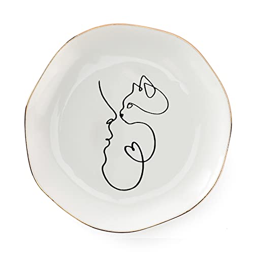 EYONGLION Cat Jewelry Dish, Cat Mom Gifts for Women, Cat Themed Gifts for Girls Woman, Minimalist Line Drawing Cat Person Gifts(Cat and Women Face to Face)