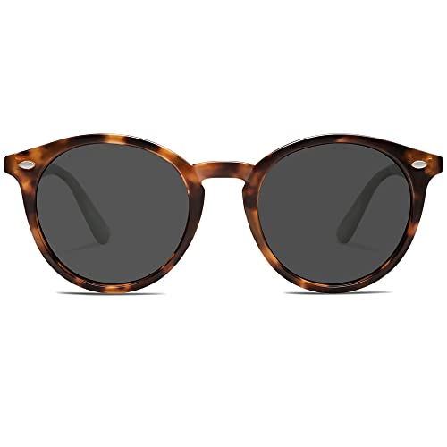 SOJOS Retro Round Polarized Sunglasses for Women Men Classic Vintage Sunnies SJ2069, Brown Tortoise/Grey