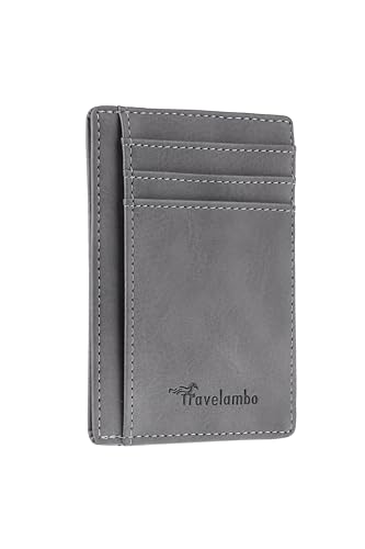 Travelambo Front Pocket Minimalist Leather Slim Wallet RFID Blocking Medium Size Card Holder Gifts for Men (CH Grey Light)