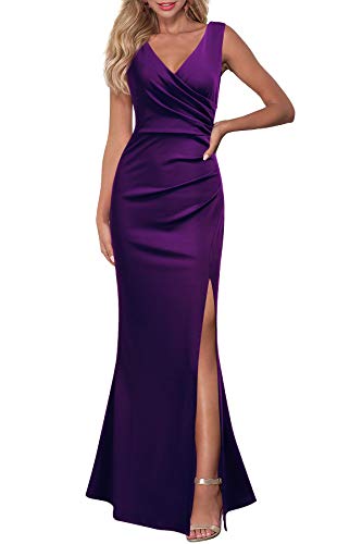 WOOSEA Women Sleeveless V Neck Split Evening Cocktail Long Dress Purple, Small