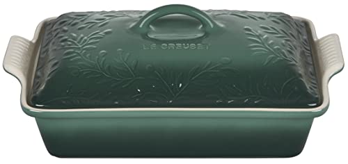Le Creuset Olive Branch Collection Stoneware Heritage Covered Rectangular Casserole, 4 qt., Artichaut with Embossed Lid