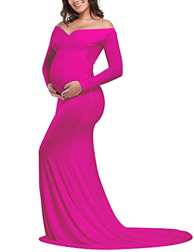 JustVH Maternity Elegant Fitted Maternity Gown Long Sleeve Cross-Front V Neck Slim Fit Maxi Photography Dress for Photoshoot