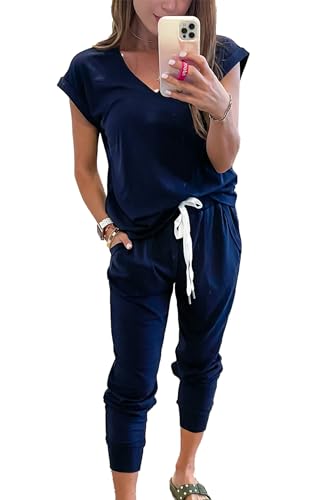 PRETTYGARDEN Women's Two Piece Tracksuit V Neck Short Sleeve Tops Long Pants With Drawstring Outfits Jogger Sets(Dark Blue, Large)