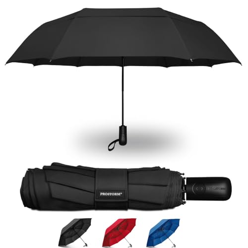 Prostorm Windproof Deep Dome Double Vented Travel Umbrella with Automatic Open & Close Pro Storm (Black)