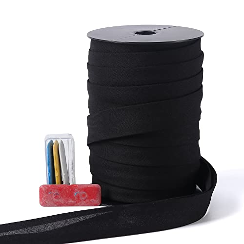 Bias Tape Double Fold 1 inch, Double Fold Bias Binding Tape 55 Yards (Black) and 4 Pieces Sewing Fabric Chalks for Crafts, Sewing, Seaming, Hemming, Piping, Quilting.