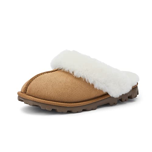 WaySoft Genuine Australian Sheepskin Women Slippers, 100% Shearling Hard Bottom Slippers for Women Indoor and Outdoor Warm Fuzzy Wool Slippers