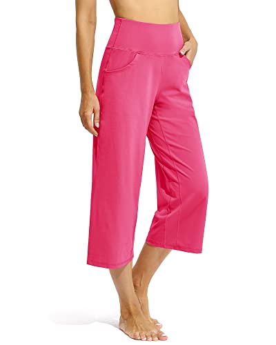 Promover Yoga Capri for Women with Pockets Wide Leg Workout Lounge Pants Straight Comfy Loose Crop Casual Dress Pants(Hot Pink,M,22')